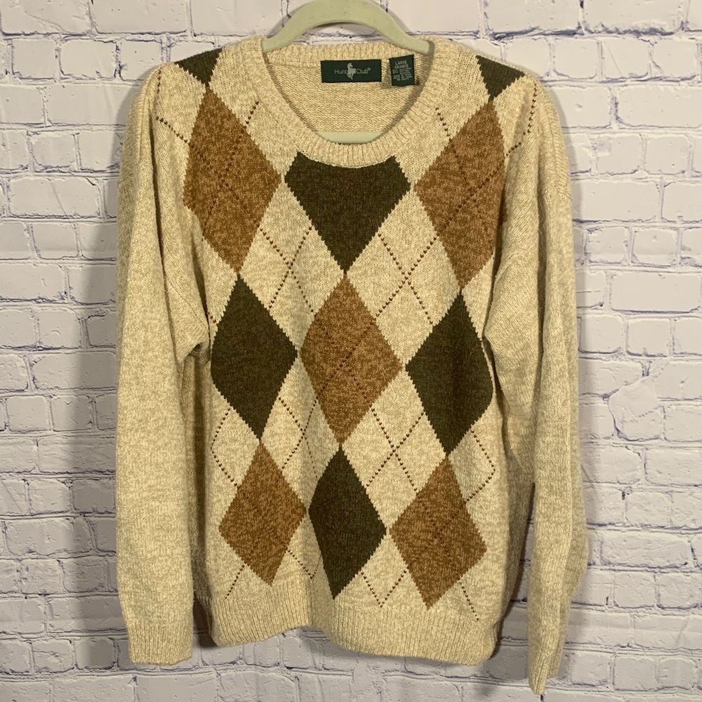 Hunt Club Mens VTG Silk Blend Crew Neck Argyle Print Sweater Tan Bronw Size L